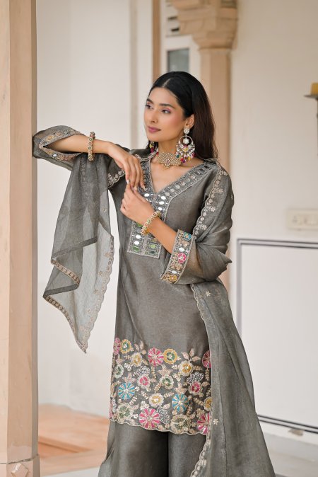 Grey Colour D 50134 By Zaveri Crush Satin Readymade Suits 